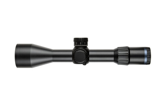 A rugged black scope for rifles, with a wide lens and detailed adjustment features, isolated on a crisp white surface.