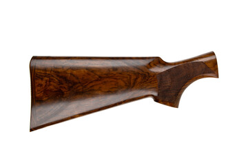 A detailed close-up of a wooden rifle buttstock showcased on a clean white background.