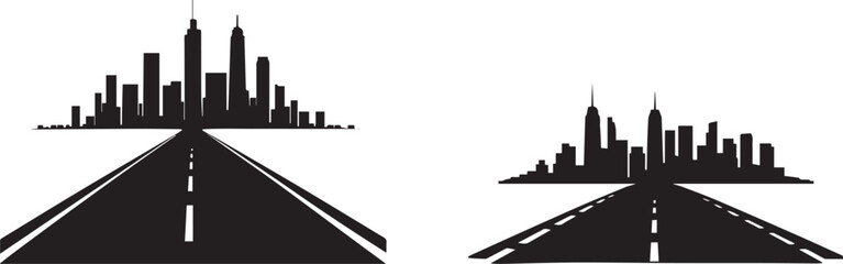 Silhouette City Skyline with Roads Leading to Urban Center Vector Set © Nazia