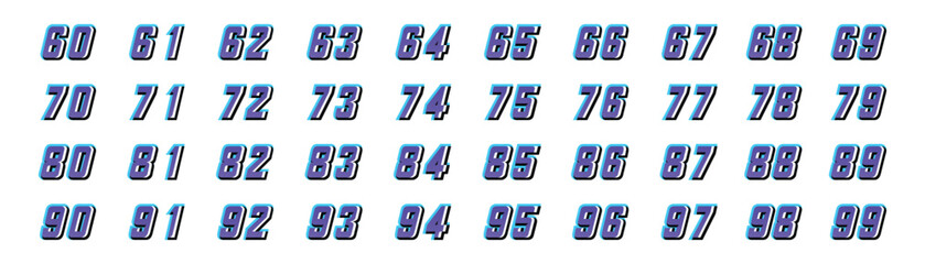 collection of numbers 50 to 90 in 3d style purple color in white background