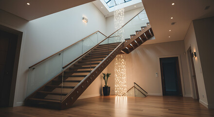 Modern Home Interior With Floating Staircase And Skylight Design Concept