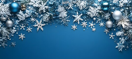 A blue and silver Christmas card background with snowflakes, stars, ornaments, and tinsel,

