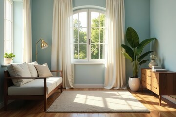 Fototapeta premium Serene Living Room Interior Design with Natural Light and Minimalist Decor