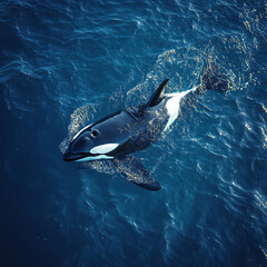 Fototapeta premium A majestic orca swimming in the deep blue ocean, its black and white body stark against the water
