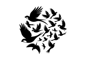 Birds Silhouette Hand Drawn Illustration Black and White Vector Isolated