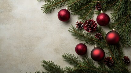 Christmas background with burgundy baubles and green pine branches on a beige surface, leaving space for text Christmas decoration,

