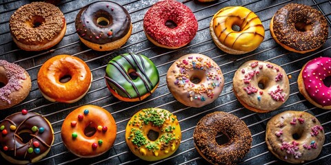 Fototapeta premium Colorful Donut Grid: Delicious Assorted Donuts on Dark Background - Food Photography