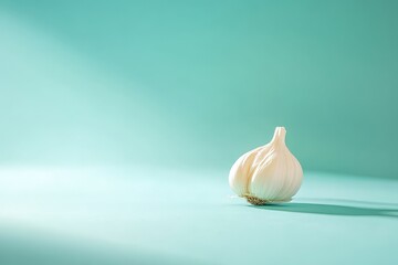 A single white garlic bulb against a pale teal background