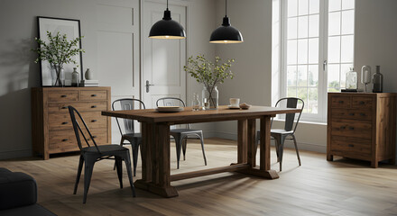 Elegant Dining Space Featuring a Rustic Wood Table and Modern Metal Chairs