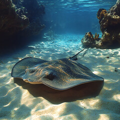 A majestic stingray swimming over the sandy ocean floor, with its long tail trailing behind
