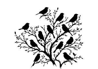 Birds Silhouette Hand Drawn Illustration Black and White Vector Isolated