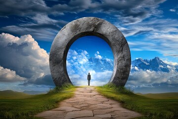 A person stepping through a portal into a world of infinite innovation and technological wonders