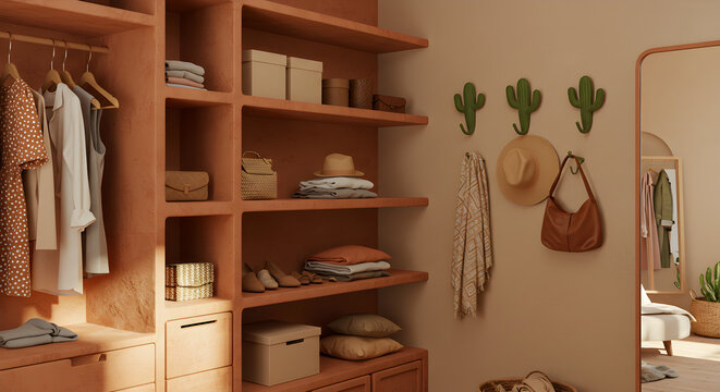 Desert Chic Dressing Space With Terracotta Shelves And Cactus Shaped Hooks