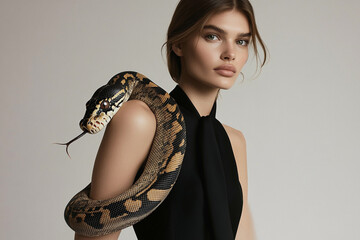 Model showcases exotic fashion with a striking snake during a studio photoshoot in a neutral setting