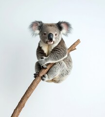 Obraz premium Koala on branch, studio shot, white background, wildlife photography, for children's books
