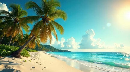 Obraz premium Serene Tropical Beach Scene Sun-kissed Sands, Swaying Palm Trees, and Azure Waters