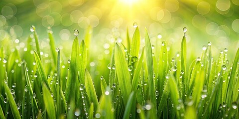 Fototapeta premium Dewy Green Grass Close Up, Nature Photography Background, Lush Meadow, Spring Nature Scene