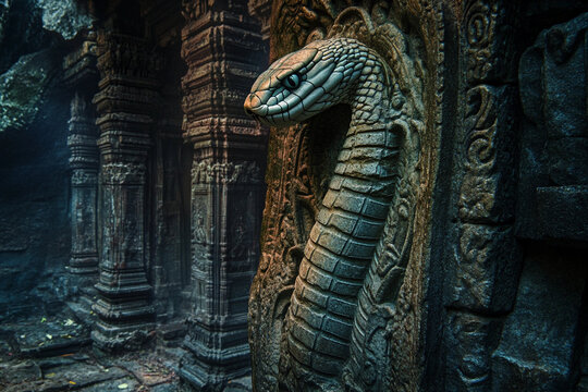 Intricate stone carving of a cobra in an ancient temple surrounded by ruins and faded sculptures at dusk