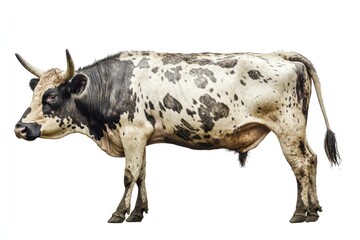 White and black spotted cow, pasture background, agricultural livestock
