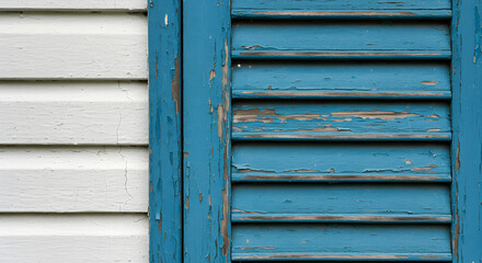 Distressed Blue Shutters Against a Weathered White Farmhouse Wall Detail
