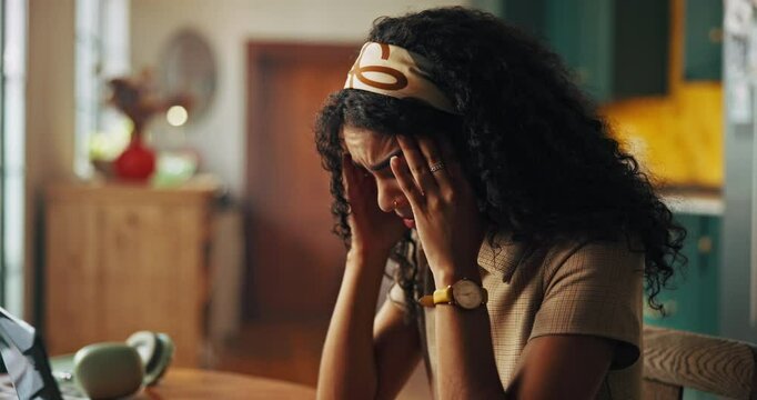 Headache, student and woman with laptop, home and stress for deadline of assignment or scholarship. Education, pain and person with migraine for exam, thinking and anxious for project, online or dorm