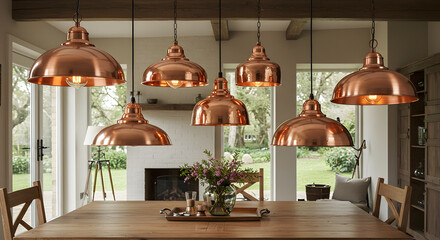 Obraz premium Elegant Copper Pendant Lights Suspended Above Wooden Dining Table Indoors