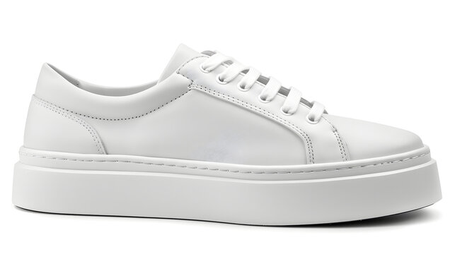 Single white leather lace-up flatform sneaker. Modern and stylish casual footwear with a raised sole. isolated on white background