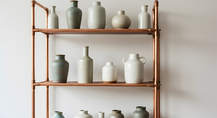 Stylish Copper Pipe Shelving Unit Displaying Various Ceramic Vases