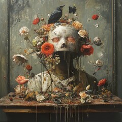 Surreal Skull and Flowers Still Life: Dark Romantic Painting