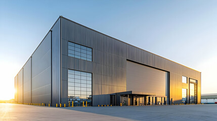 Modern Industrial Warehouse Exterior Under Sunrise