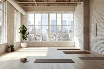 Sunlit minimalist yoga studio in a loft with city view.