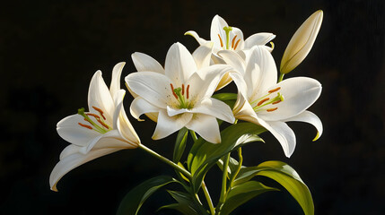 Fototapeta premium White Lily Bouquet Against Dark Background