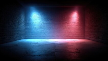 Dark Brick Room with Blue and Red Neon Lights