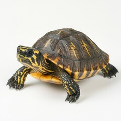 Yellow-bellied turtle crawling, studio shot, white background, reptile pet