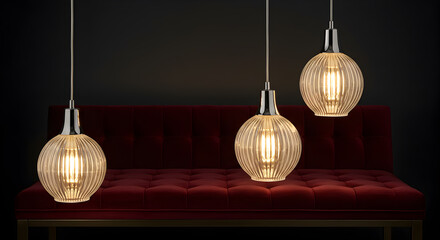 Fluted Glass Pendant Lights Above Velvet Upholstered Bench Seating