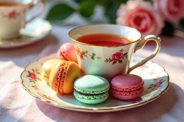 Fototapeta premium A delightful teacup filled with warm beverage, adorned with floral patterns, rests on a saucer alongside a delectable assortment of pastel-colored macarons, creating a serene and inviting scene.