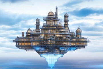 Fototapeta premium A surreal city built entirely on floating digital blueprints, representing breakthrough innovation