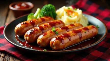 Delicious grilled sausages with savory sauce, creamy mashed potatoes, and vibrant steamed broccoli garnish on a dark plate