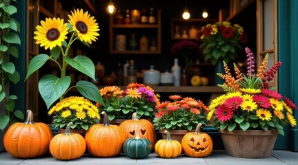 Autumnal harvest display with pumpkins and vibrant sunflowers and gerbera daisies in rustic planters