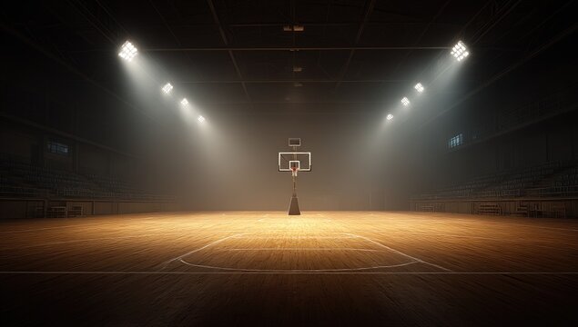 Empty Basketball Court at Night with Dramatic Spot Lighting