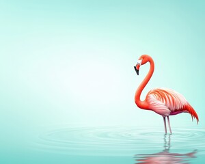 Fototapeta premium A pink flamingo stands in a body of water. The image has a calm and serene mood