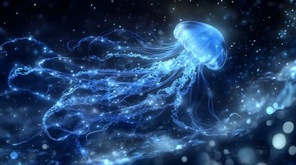 Bioluminescent Jellyfish Glowing Blue in Dark Ocean Waters &ndash; Mysterious Underwater Marine Life