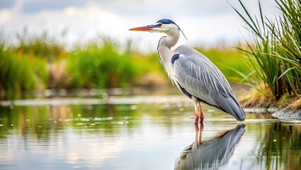 Fototapeta premium Gray Heron Pond Shore Bird Wildlife Photography Nature Image, Majestic Gray Heron by Water, Bird in Nature Habitat, Solitary Heron, Waterside Bird