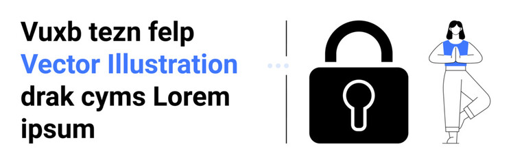 Woman in yoga pose next to a large padlock, blending mindfulness and security. Ideal for wellness, cyber safety, mindfulness, focus, data protection, self-care, simple landing page