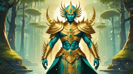 Heroic male character dressed in shimmering golden armor stands proudly in a serene forest setting surrounded by nature's beauty and mythical inspirations