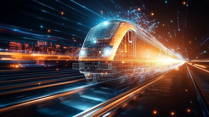 Logistics Cargo Hub Freight Train, Logistics Cargo Hub Double Exposure, Logistics Cargo Hub Digital Network, a freight train merging with a digital network grid, Logistics Cargo Hub Railway Shipping 