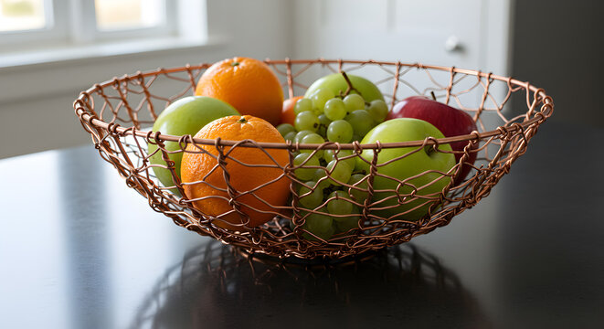 Vibrant Assortment Of Fruit In A Decorative Copper Wire Basket - Powered by Adobe