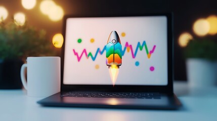A rocket launches on a laptop screen with charts, a mug, and blurred lights creating a focused workspace