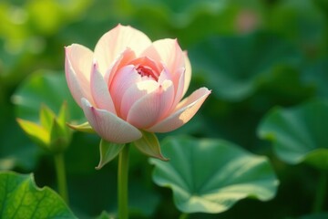 Obraz premium A delicate pink lotus flower blossoms, bathed in soft sunlight, its petals gently unfurling amidst lush green foliage.