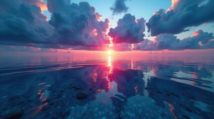 Fototapeta premium Serene Sunset Reflection on Calm Ocean Waters with Pink and Blue Hues in the Sky